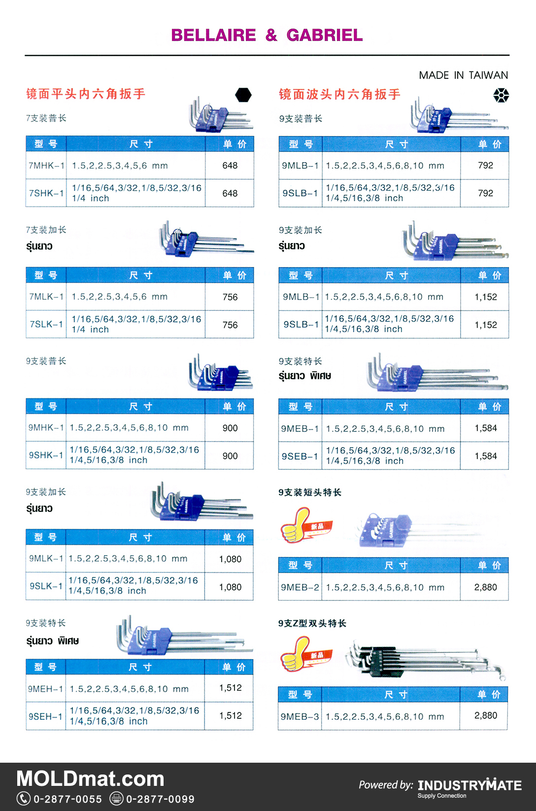 แคตตาล็อกสินค้า (Product Catalog) จำหน่ายราคาพิเศษ มีส่วนลด สนใจติดต่อสั่งซื้อ บริษัท อินดัสทรีเมท จำกัด โทร 0-2877-0055 จัดส่งทั่วประเทศ ส่วนประกอบ อะไหล่ แม่พิมพ์พลาสติก (Plastic Mold, Plastic Mould Parts Components) ประแจ 6 เหลี่ยมชุด (Hex Key Set) รุ่นยาว, รุ่นยาวพิเศษ