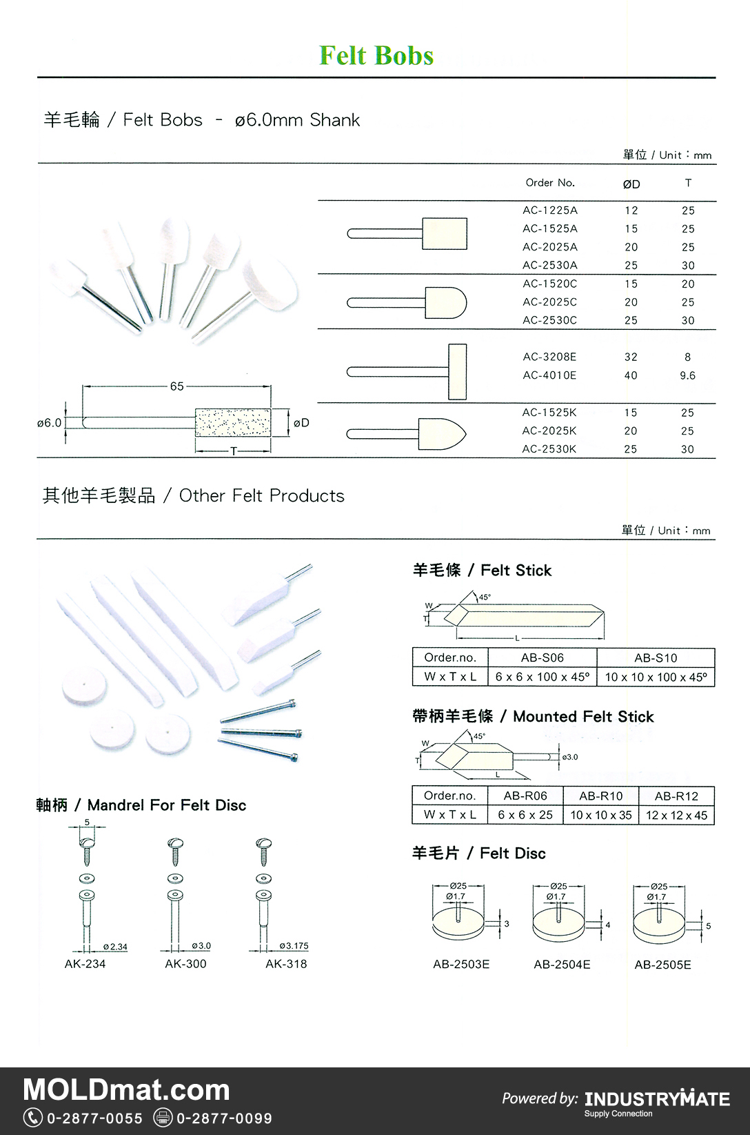 แคตตาล็อกสินค้า (Product Catalog) จำหน่ายราคาพิเศษ มีส่วนลด สนใจติดต่อสั่งซื้อ บริษัท อินดัสทรีเมท จำกัด โทร 0-2877-0055 จัดส่งทั่วประเทศ ส่วนประกอบ อะไหล่ แม่พิมพ์พลาสติก (Plastic Mold, Plastic Mould Parts Components)   Felt Bobs