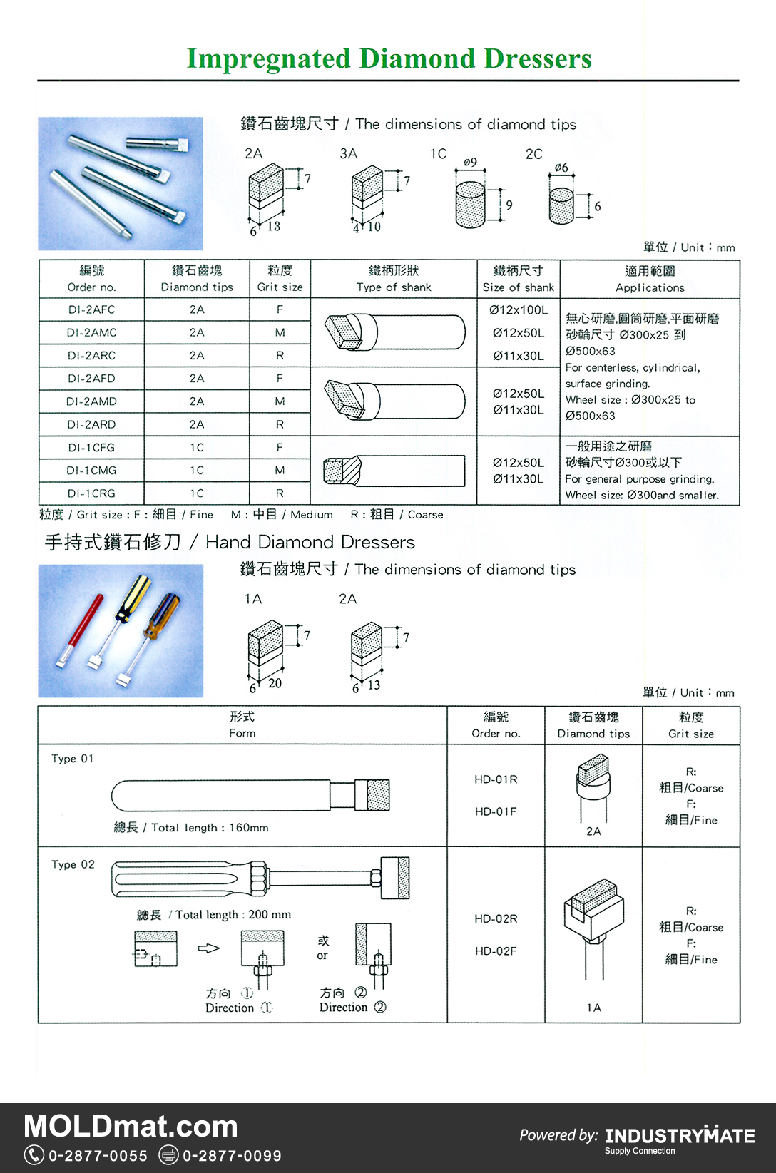 แคตตาล็อกสินค้า (Product Catalog) จำหน่ายราคาพิเศษ มีส่วนลด สนใจติดต่อสั่งซื้อ บริษัท อินดัสทรีเมท จำกัด โทร 0-2877-0055 จัดส่งทั่วประเทศ ส่วนประกอบ อะไหล่ แม่พิมพ์พลาสติก (Plastic Mold, Plastic Mould Parts Components)   Impregnated Diamond Dressers