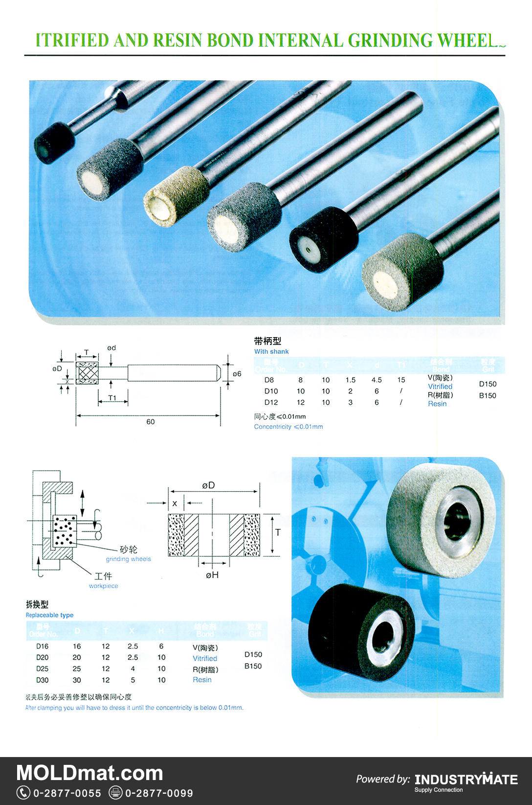 แคตตาล็อกสินค้า (Product Catalog) จำหน่ายราคาพิเศษ มีส่วนลด สนใจติดต่อสั่งซื้อ บริษัท อินดัสทรีเมท จำกัด โทร 0-2877-0055 จัดส่งทั่วประเทศ ส่วนประกอบ อะไหล่ แม่พิมพ์พลาสติก (Plastic Mold, Plastic Mould Parts Components)   Trified Resin Bond Internal Grinding Wheel