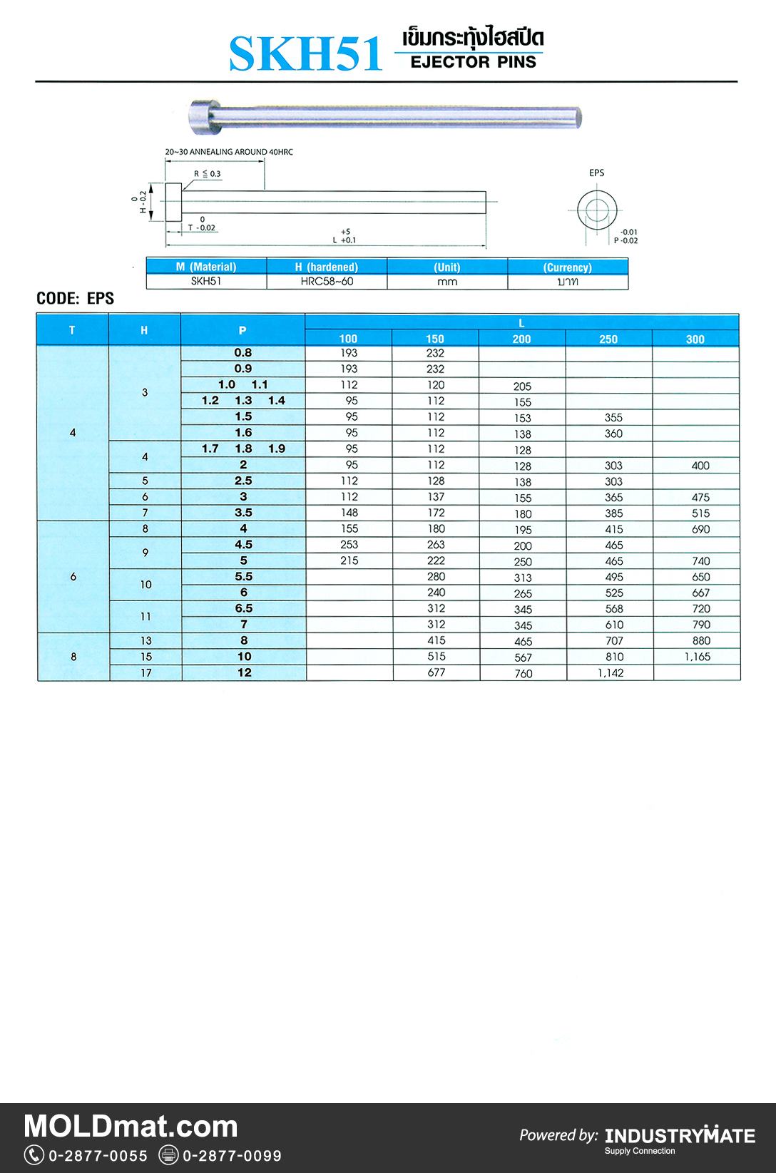 แคตตาล็อกสินค้า (Product Catalog) จำหน่ายราคาพิเศษ มีส่วนลด สนใจติดต่อสั่งซื้อ บริษัท อินดัสทรีเมท จำกัด โทร 0-2877-0055 จัดส่งทั่วประเทศ ส่วนประกอบ อะไหล่ แม่พิมพ์พลาสติก (Plastic Mold, Plastic Mould Parts Components)   เข็มกระทุ้ง SKH-51 ไฮสปีด (Ejector Pins)