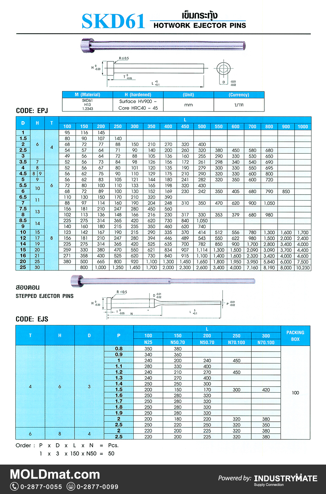 แคตตาล็อกสินค้า (Product Catalog) จำหน่ายราคาพิเศษ มีส่วนลด สนใจติดต่อสั่งซื้อ บริษัท อินดัสทรีเมท จำกัด โทร 0-2877-0055 จัดส่งทั่วประเทศ ส่วนประกอบ อะไหล่ แม่พิมพ์พลาสติก (Plastic Mold, Plastic Mould Parts Components) เข็มกระทุ้ง SKD-61 (Hotwork Ejector Pins), เข็มกระทุ้งสองตอน (Stepped Ejector Pins)