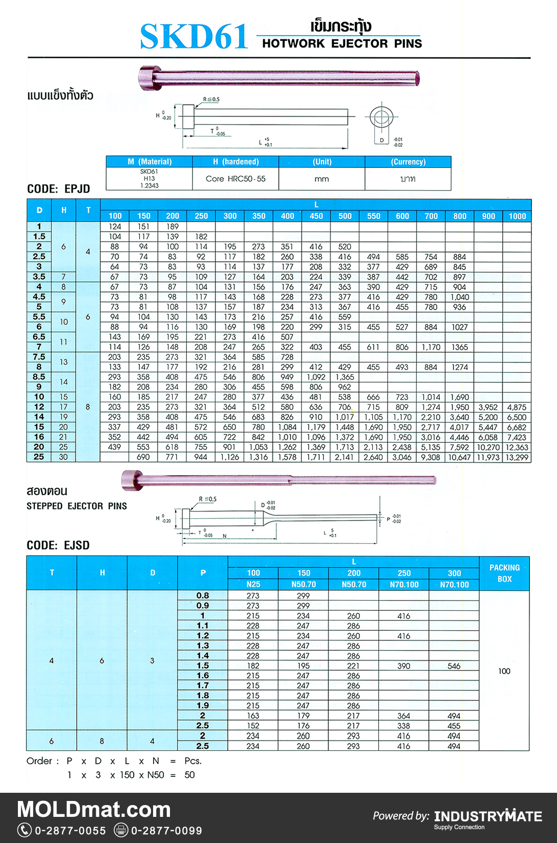 แคตตาล็อกสินค้า (Product Catalog) จำหน่ายราคาพิเศษ มีส่วนลด สนใจติดต่อสั่งซื้อ บริษัท อินดัสทรีเมท จำกัด โทร 0-2877-0055 จัดส่งทั่วประเทศ ส่วนประกอบ อะไหล่ แม่พิมพ์พลาสติก (Plastic Mold, Plastic Mould Parts Components) เข็มกระทุ้ง SKD-61 (Hotwork Ejector Pins) แบบแข็งทั้งตัว และแบบสองตอน (Stepped Ejector Pins)