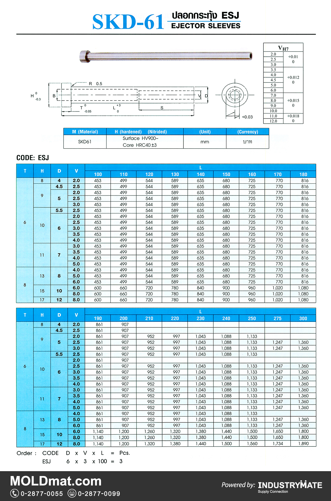 แคตตาล็อกสินค้า (Product Catalog) จำหน่ายราคาพิเศษ มีส่วนลด สนใจติดต่อสั่งซื้อ บริษัท อินดัสทรีเมท จำกัด โทร 0-2877-0055 จัดส่งทั่วประเทศ ส่วนประกอบ อะไหล่ แม่พิมพ์พลาสติก (Plastic Mold, Plastic Mould Parts Components)   ปลอกกระทุ้ง SKD-61 (Ejector Sleeves)