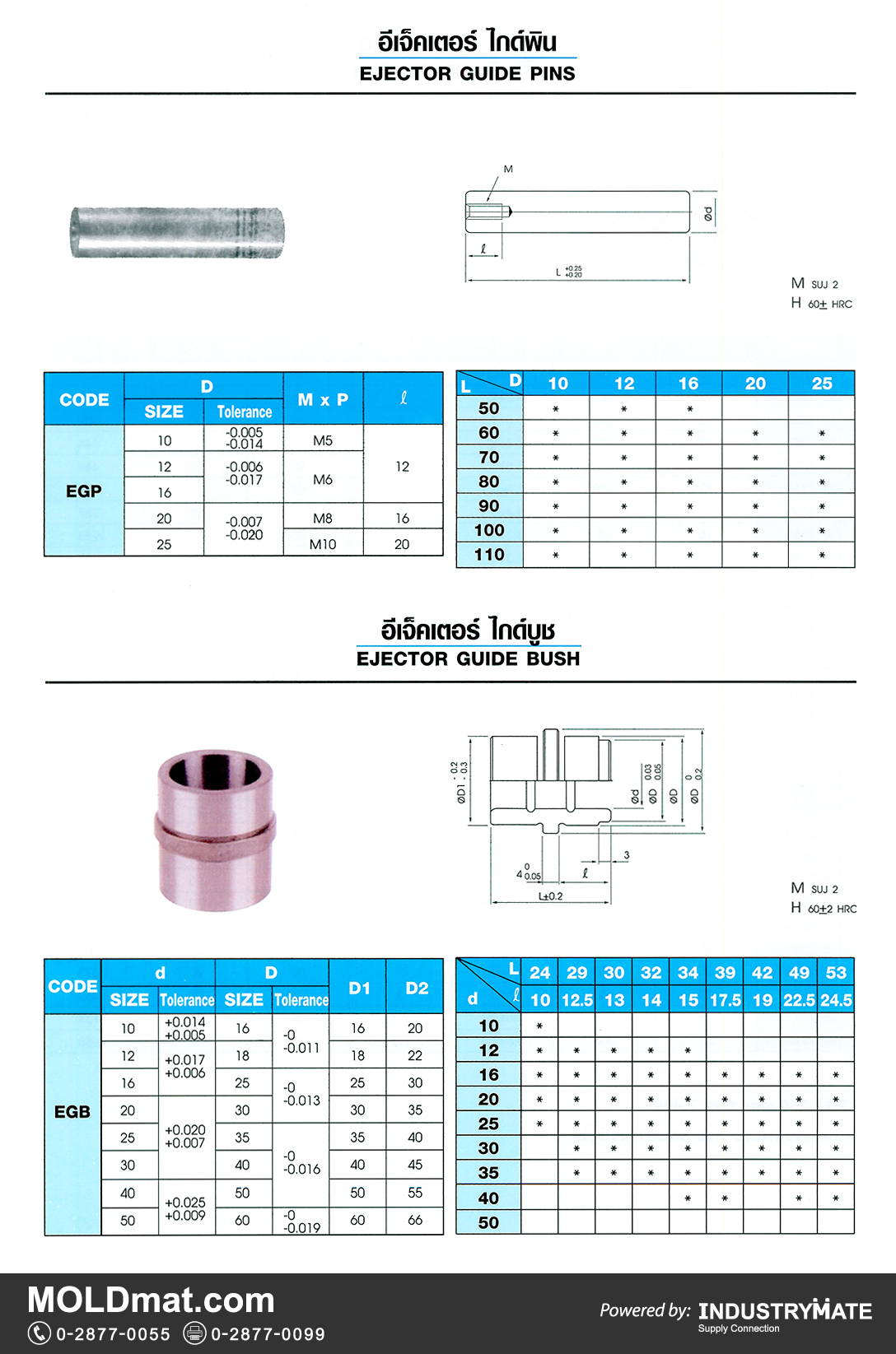 แคตตาล็อกสินค้า (Product Catalog) จำหน่ายราคาพิเศษ มีส่วนลด สนใจติดต่อสั่งซื้อ บริษัท อินดัสทรีเมท จำกัด โทร 0-2877-0055 จัดส่งทั่วประเทศ ส่วนประกอบ อะไหล่ แม่พิมพ์พลาสติก (Plastic Mold, Plastic Mould Parts Components)   อีเจ็คเตอร์ ไกด์พิน (Ejector Guide Pins)