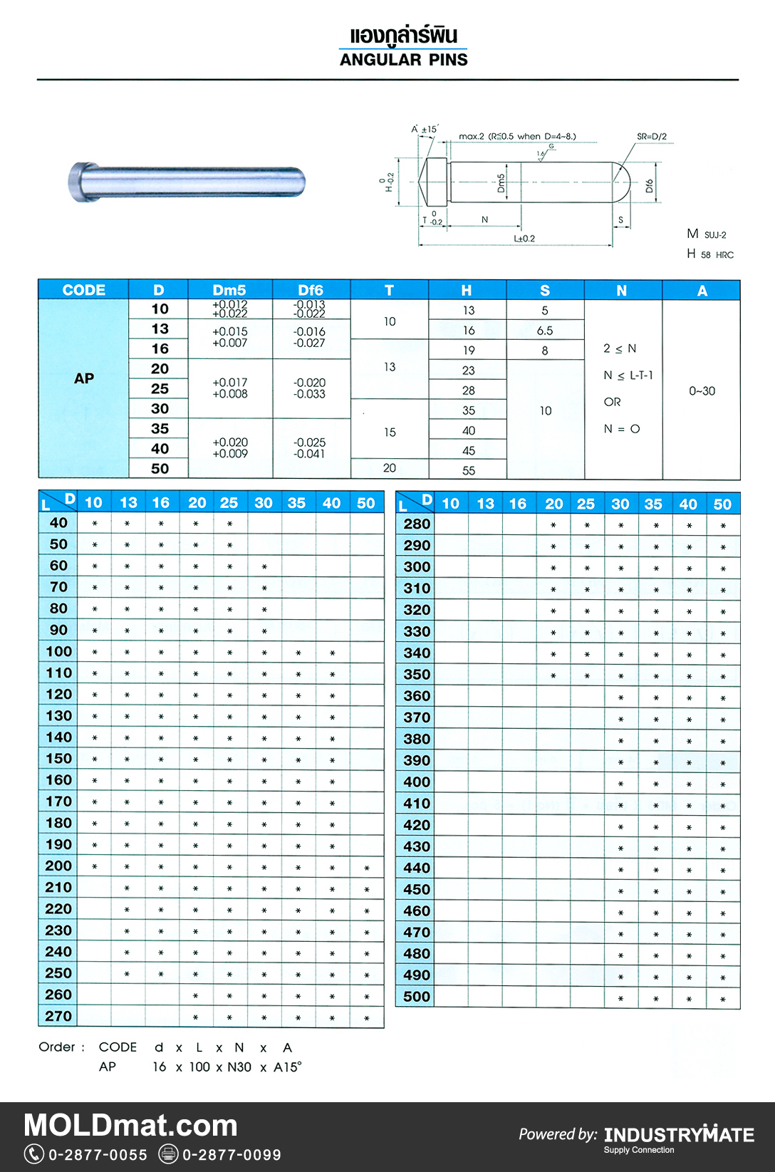 แคตตาล็อกสินค้า (Product Catalog) จำหน่ายราคาพิเศษ มีส่วนลด สนใจติดต่อสั่งซื้อ บริษัท อินดัสทรีเมท จำกัด โทร 0-2877-0055 จัดส่งทั่วประเทศ ส่วนประกอบ อะไหล่ แม่พิมพ์พลาสติก (Plastic Mold, Plastic Mould Parts Components)   แองกูล่าร์พิน (Angular Pins)
