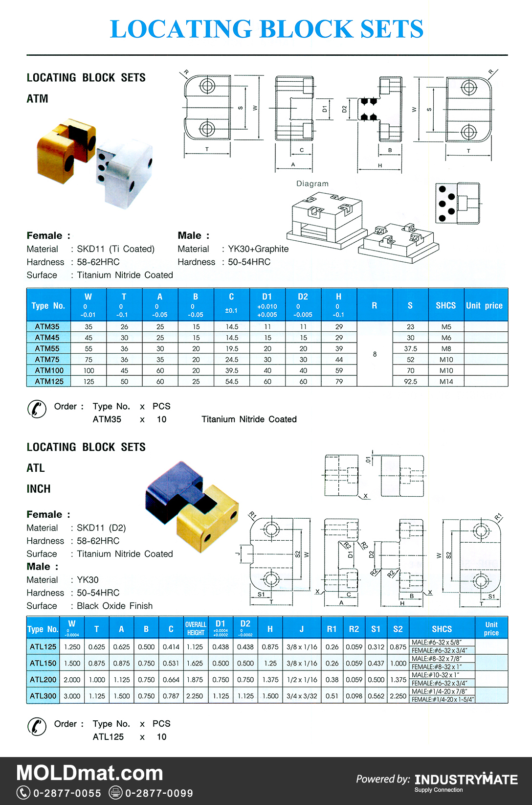 แคตตาล็อกสินค้า (Product Catalog) จำหน่ายราคาพิเศษ มีส่วนลด สนใจติดต่อสั่งซื้อ บริษัท อินดัสทรีเมท จำกัด โทร 0-2877-0055 จัดส่งทั่วประเทศ ส่วนประกอบ อะไหล่ แม่พิมพ์พลาสติก (Plastic Mold, Plastic Mould Parts Components)   Locating Block Sets ATM, ATL