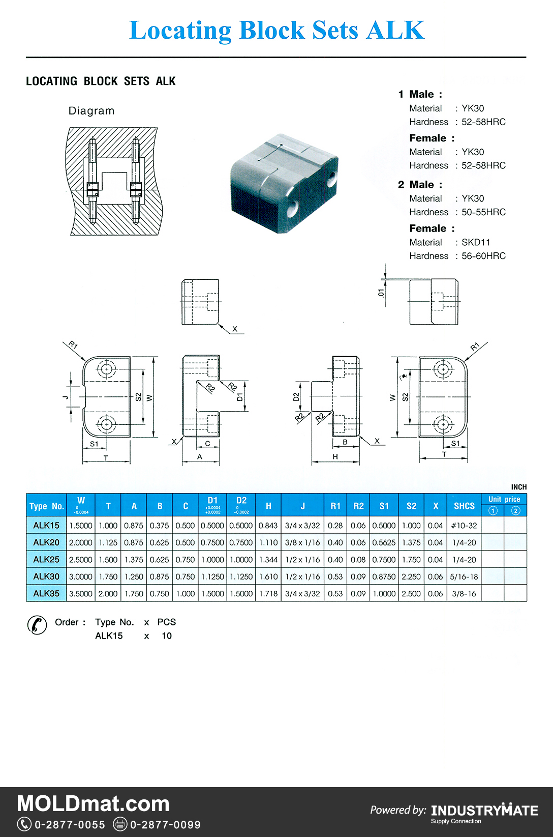 แคตตาล็อกสินค้า (Product Catalog) จำหน่ายราคาพิเศษ มีส่วนลด สนใจติดต่อสั่งซื้อ บริษัท อินดัสทรีเมท จำกัด โทร 0-2877-0055 จัดส่งทั่วประเทศ ส่วนประกอบ อะไหล่ แม่พิมพ์พลาสติก (Plastic Mold, Plastic Mould Parts Components)   Locating Block Sets ALK