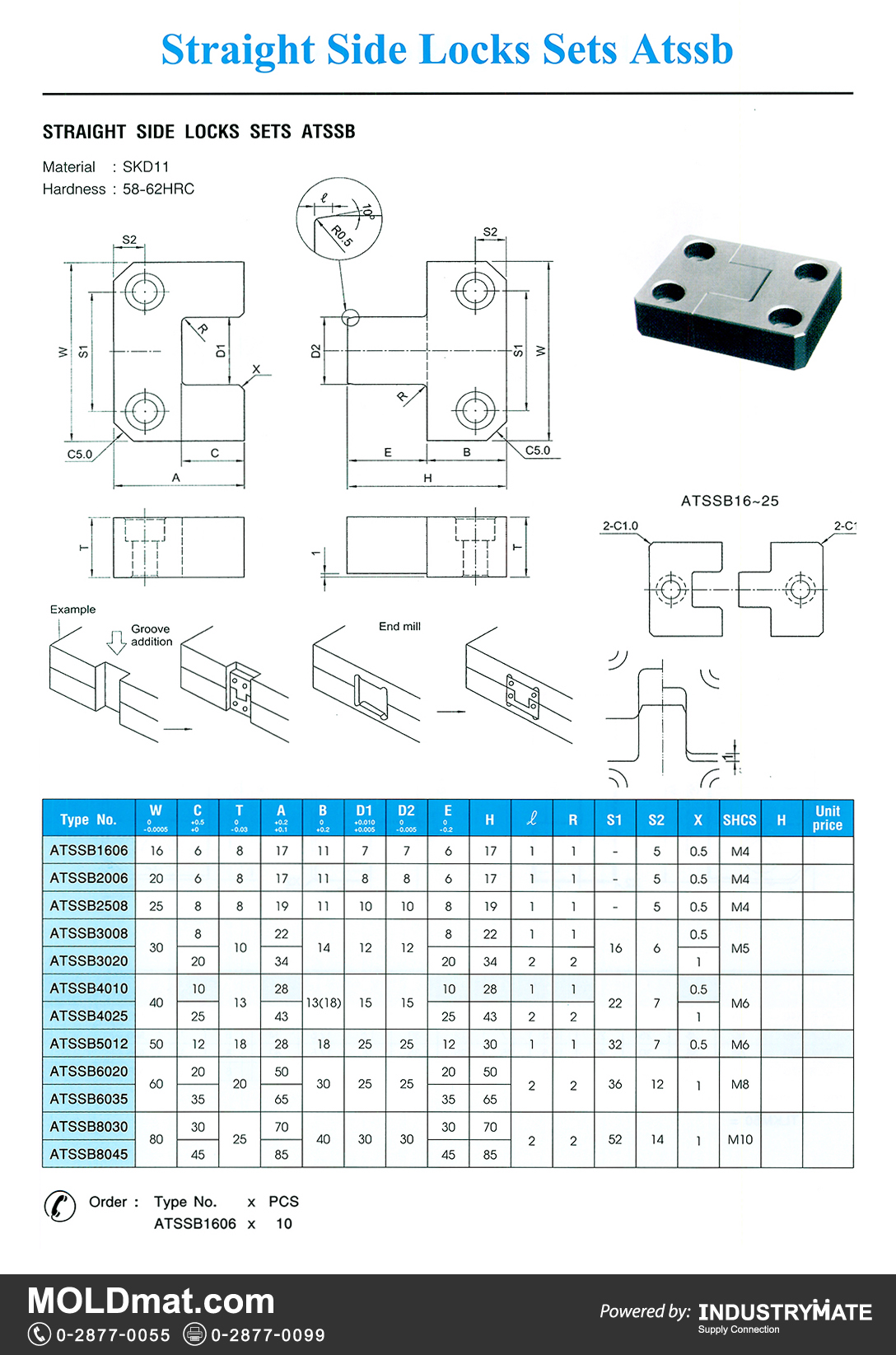 แคตตาล็อกสินค้า (Product Catalog) จำหน่ายราคาพิเศษ มีส่วนลด สนใจติดต่อสั่งซื้อ บริษัท อินดัสทรีเมท จำกัด โทร 0-2877-0055 จัดส่งทั่วประเทศ ส่วนประกอบ อะไหล่ แม่พิมพ์พลาสติก (Plastic Mold, Plastic Mould Parts Components)   Straight Side Locks Sets ATSSB