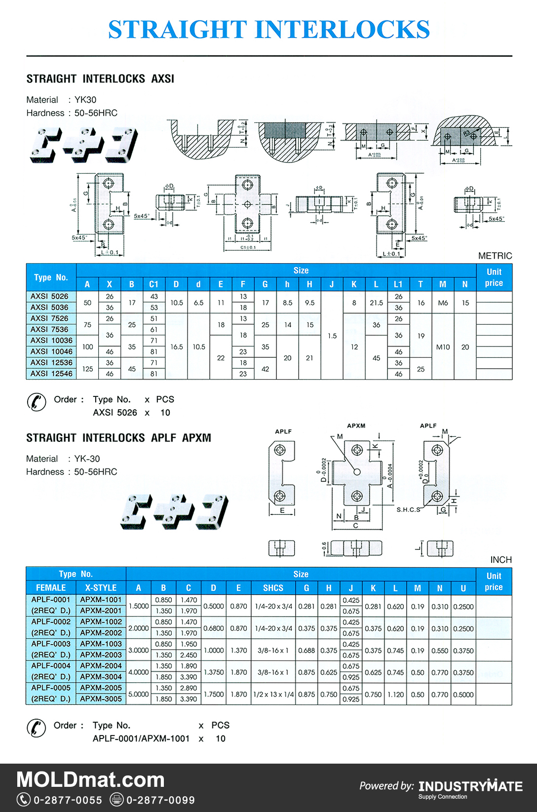 แคตตาล็อกสินค้า (Product Catalog) จำหน่ายราคาพิเศษ มีส่วนลด สนใจติดต่อสั่งซื้อ บริษัท อินดัสทรีเมท จำกัด โทร 0-2877-0055 จัดส่งทั่วประเทศ ส่วนประกอบ อะไหล่ แม่พิมพ์พลาสติก (Plastic Mold, Plastic Mould Parts Components)   Straight Interlocks