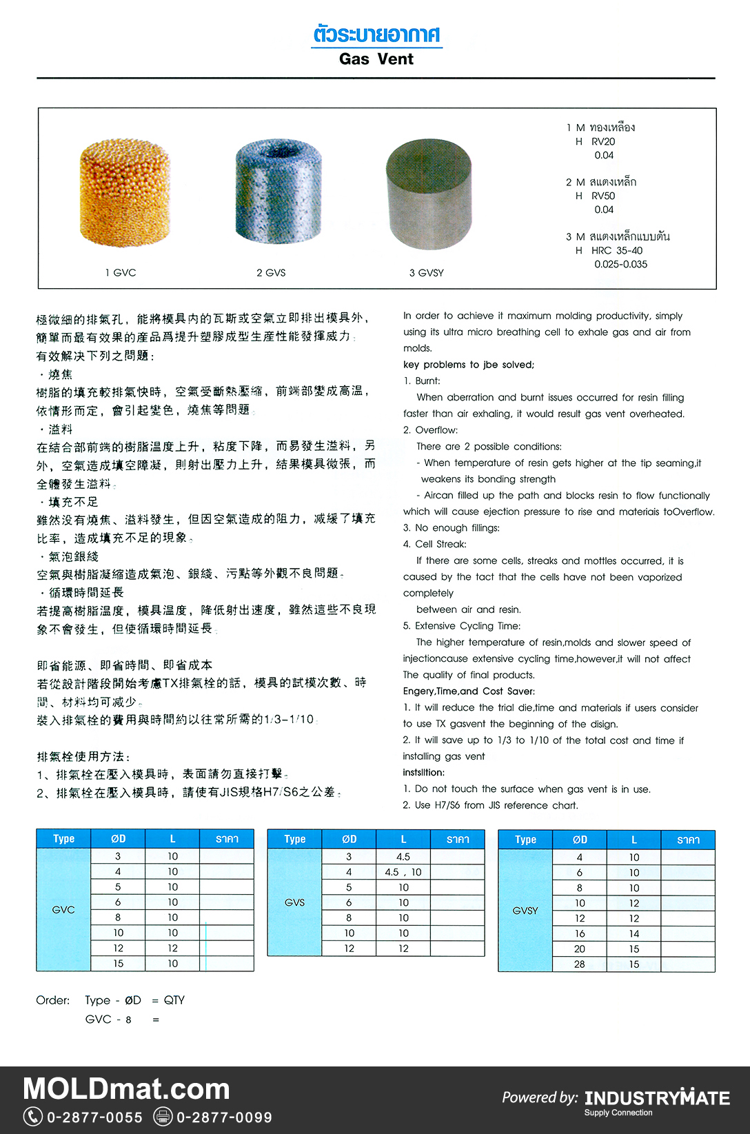แคตตาล็อกสินค้า (Product Catalog) จำหน่ายราคาพิเศษ มีส่วนลด สนใจติดต่อสั่งซื้อ บริษัท อินดัสทรีเมท จำกัด โทร 0-2877-0055 จัดส่งทั่วประเทศ ส่วนประกอบ อะไหล่ แม่พิมพ์พลาสติก (Plastic Mold, Plastic Mould Parts Components)   ตัวระบายอากาศ (Gas Vent)