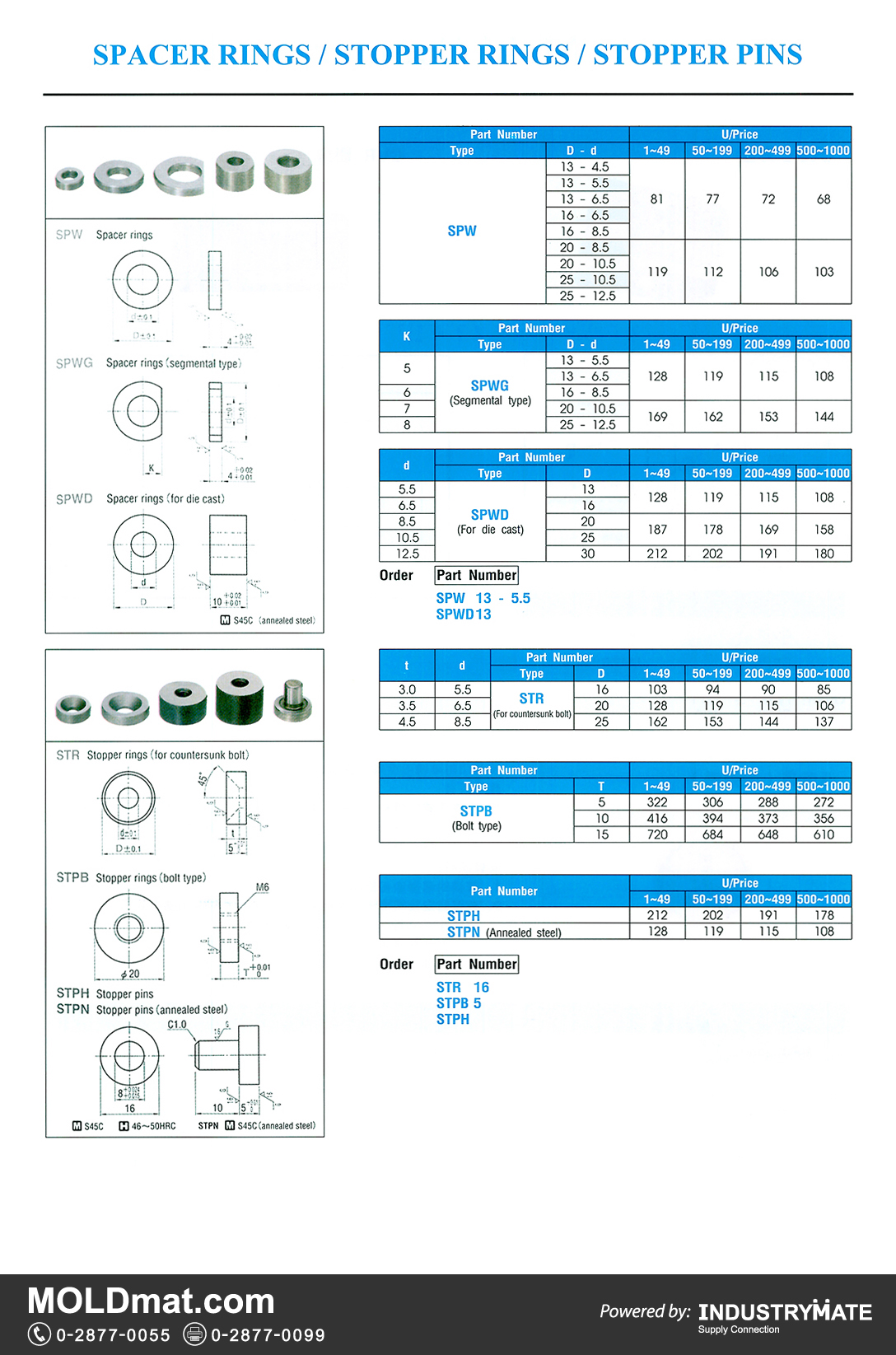 แคตตาล็อกสินค้า (Product Catalog) จำหน่ายราคาพิเศษ มีส่วนลด สนใจติดต่อสั่งซื้อ บริษัท อินดัสทรีเมท จำกัด โทร 0-2877-0055 จัดส่งทั่วประเทศ ส่วนประกอบ อะไหล่ แม่พิมพ์พลาสติก (Plastic Mold, Plastic Mould Parts Components) Spacer Rings / Stopper Rings / Stopper Pins