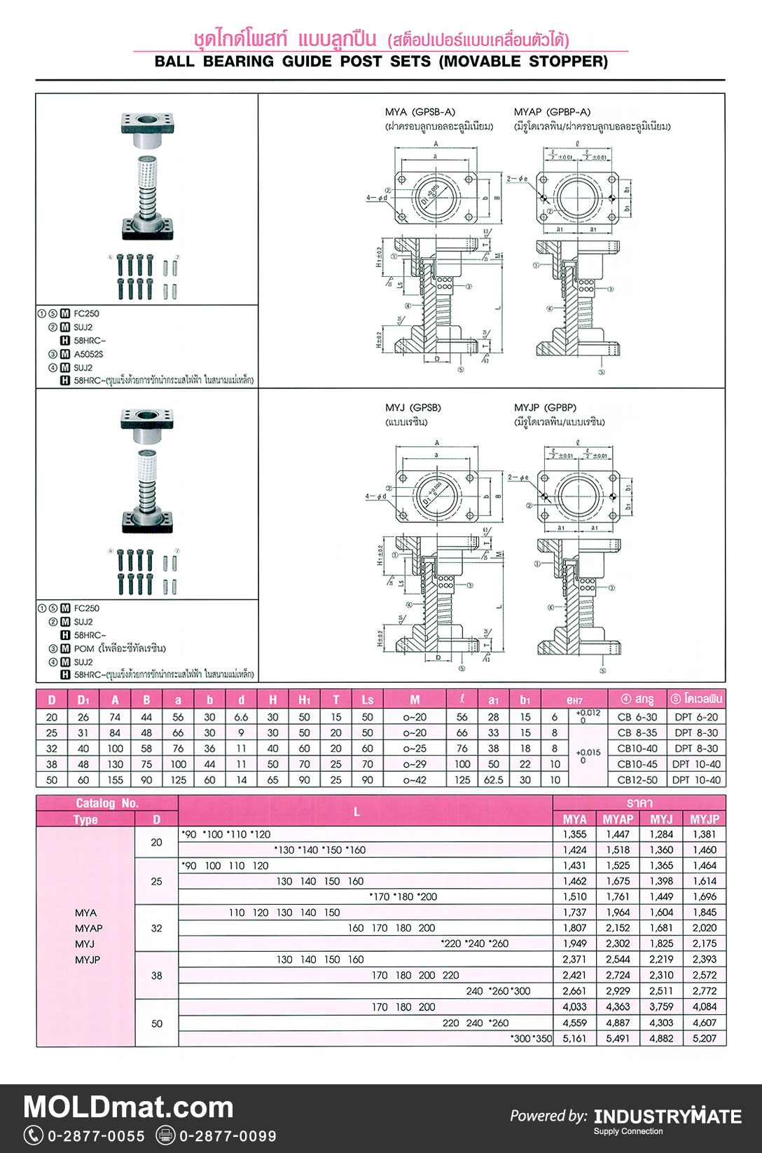 แคตตาล็อกสินค้า (Product Catalog) จำหน่ายราคาพิเศษ มีส่วนลด สนใจติดต่อสั่งซื้อ บริษัท อินดัสทรีเมท จำกัด โทร 0-2877-0055 จัดส่งทั่วประเทศ ส่วนประกอบ อะไหล่ แม่พิมพ์พลาสติก (Plastic Mold, Plastic Mould Parts Components) ชุดไกด์โพสท์ แบบลูกปืน (สต๊อปเปอร์แบบเคลื่อนตัวได้) Ball Bearing Guide Post Sets (Movable Stopper)