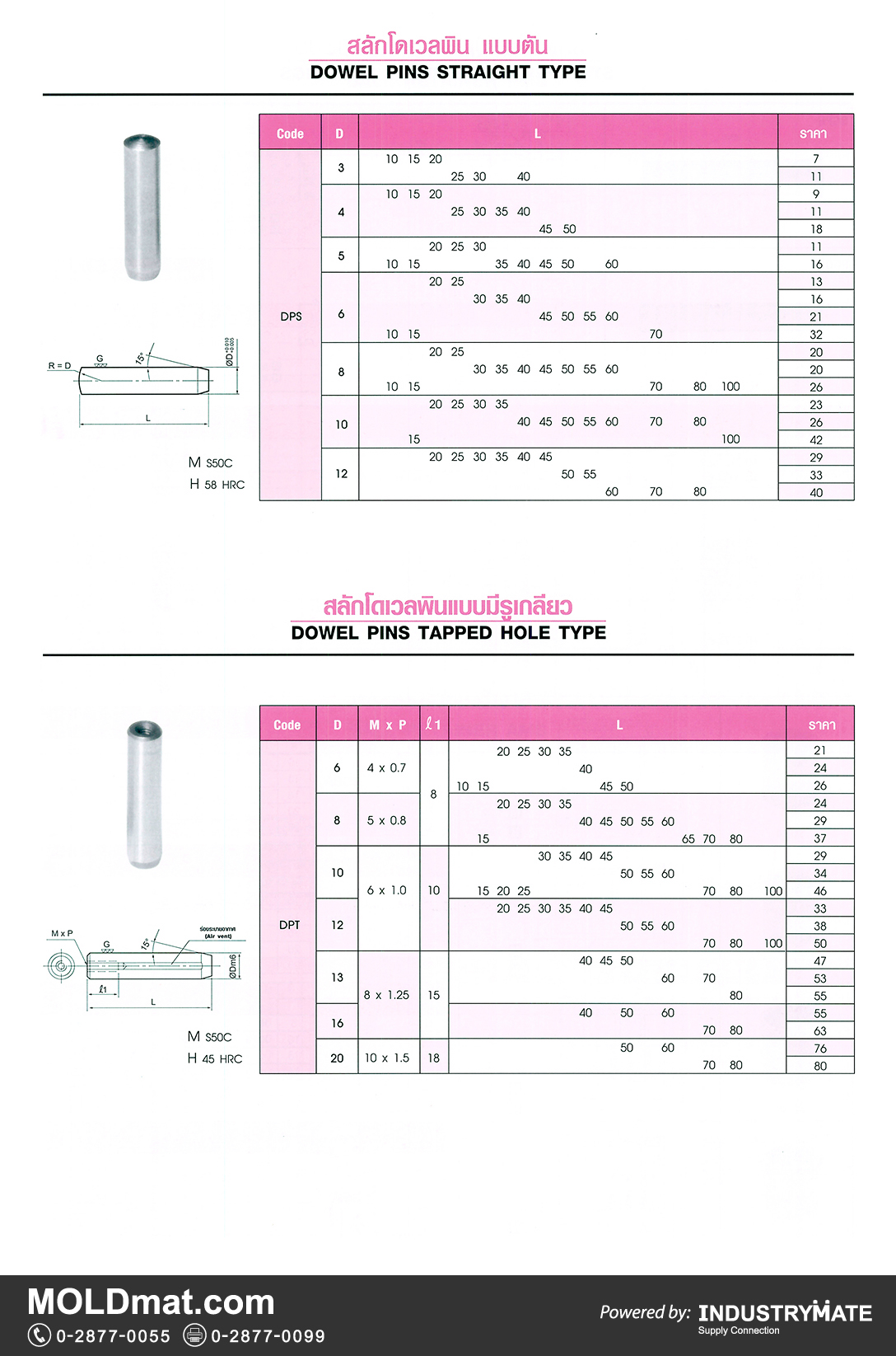 แคตตาล็อกสินค้า (Product Catalog) จำหน่ายราคาพิเศษ มีส่วนลด สนใจติดต่อสั่งซื้อ บริษัท อินดัสทรีเมท จำกัด โทร 0-2877-0055 จัดส่งทั่วประเทศ ส่วนประกอบ อะไหล่ แม่พิมพ์พลาสติก (Plastic Mold, Plastic Mould Parts Components) สลักโดเวลพิน แบบตัน (Dowel Pins Straight Type), สลักโดเวลพินแบบมีรูเกลียว (Dowel Pins Tapped Hole Type)