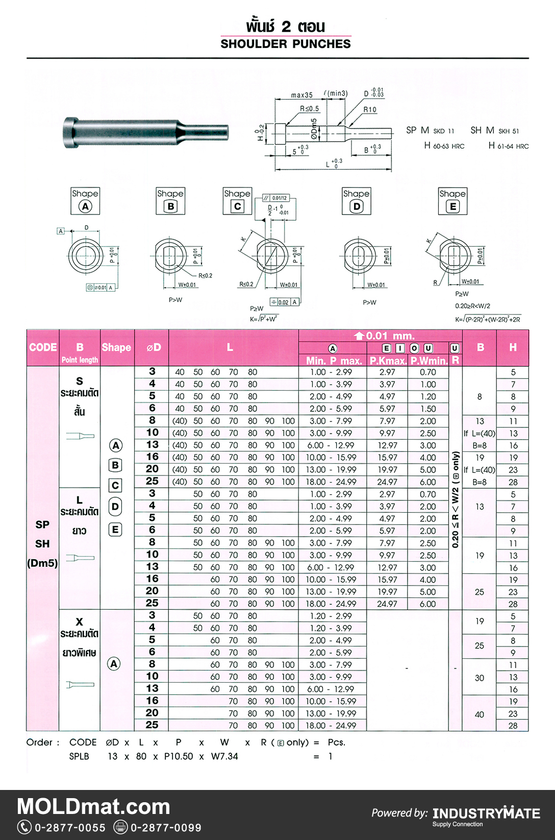 แคตตาล็อกสินค้า (Product Catalog) จำหน่ายราคาพิเศษ มีส่วนลด สนใจติดต่อสั่งซื้อ บริษัท อินดัสทรีเมท จำกัด โทร 0-2877-0055 จัดส่งทั่วประเทศ ส่วนประกอบ อะไหล่ แม่พิมพ์พลาสติก (Plastic Mold, Plastic Mould Parts Components) พั้นช์ 2 ตอน (Shoulder Punches)