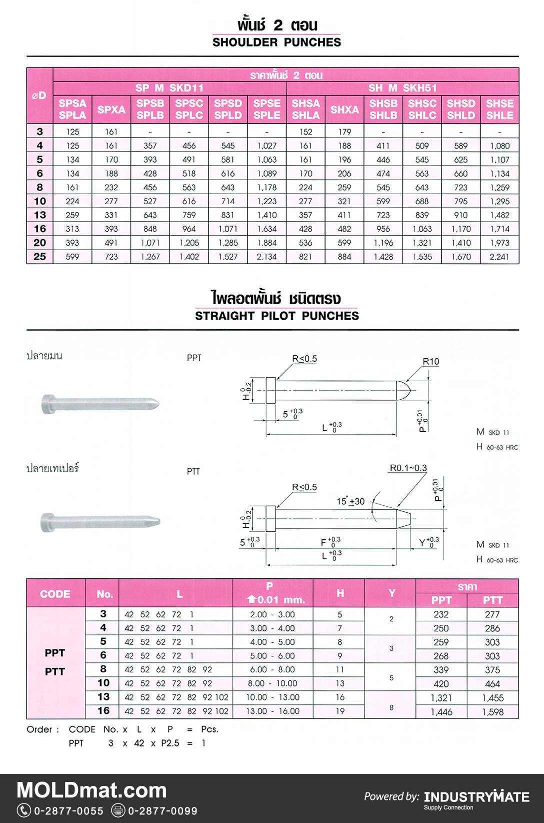 แคตตาล็อกสินค้า (Product Catalog) จำหน่ายราคาพิเศษ มีส่วนลด สนใจติดต่อสั่งซื้อ บริษัท อินดัสทรีเมท จำกัด โทร 0-2877-0055 จัดส่งทั่วประเทศ ส่วนประกอบ อะไหล่ แม่พิมพ์พลาสติก (Plastic Mold, Plastic Mould Parts Components) พั้นช์ 2 ตอน (Shoulder Punches), ไพลอตพั้นช์ ชนิดตรง (Straight Pilot Punches)