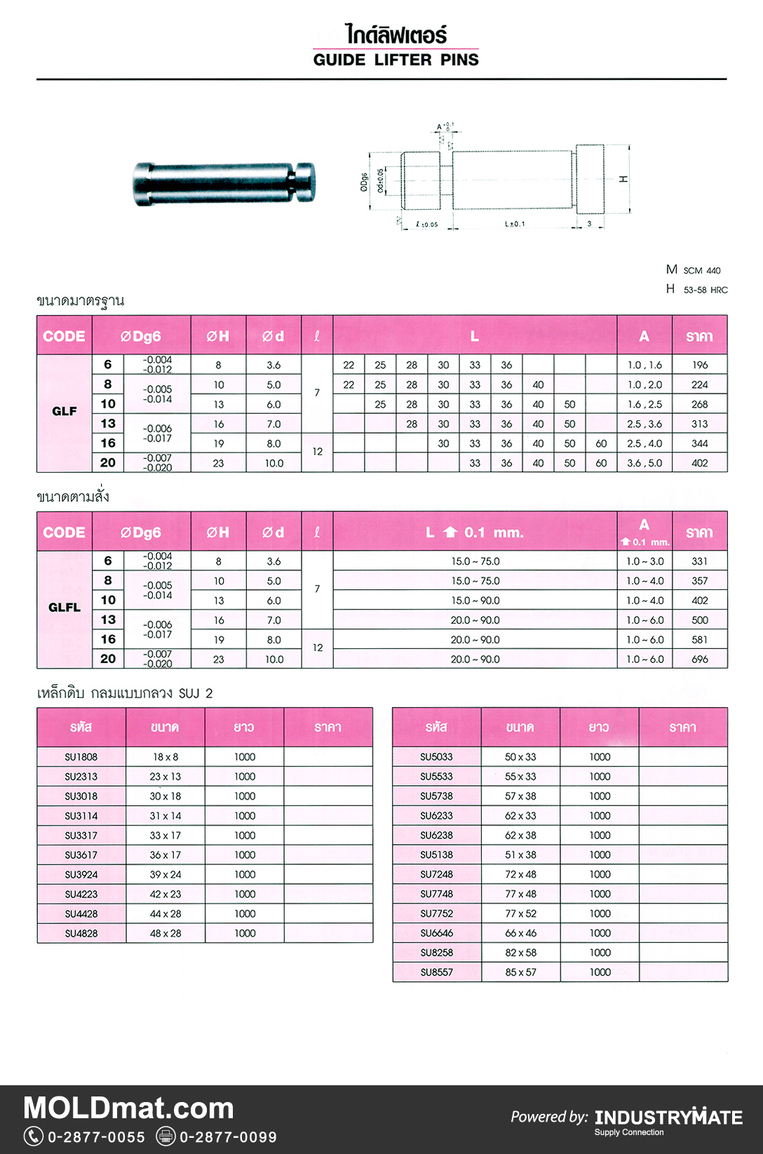 แคตตาล็อกสินค้า (Product Catalog) จำหน่ายราคาพิเศษ มีส่วนลด สนใจติดต่อสั่งซื้อ บริษัท อินดัสทรีเมท จำกัด โทร 0-2877-0055 จัดส่งทั่วประเทศ ส่วนประกอบ อะไหล่ แม่พิมพ์พลาสติก (Plastic Mold, Plastic Mould Parts Components) ไกด์ลิฟเตอร์ (Guide Lifter Pins)