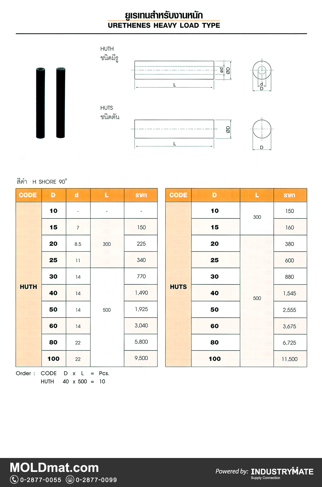 แคตตาล็อกสินค้า (Product Catalog) จำหน่ายราคาพิเศษ มีส่วนลด สนใจติดต่อสั่งซื้อ บริษัท อินดัสทรีเมท จำกัด โทร 0-2877-0055 จัดส่งทั่วประเทศ ส่วนประกอบ อะไหล่ แม่พิมพ์พลาสติก (Plastic Mold, Plastic Mould Parts Components) ยูเรเทนสำหรับงานหนัก (Urethane Heavy Load Type) สีดำ