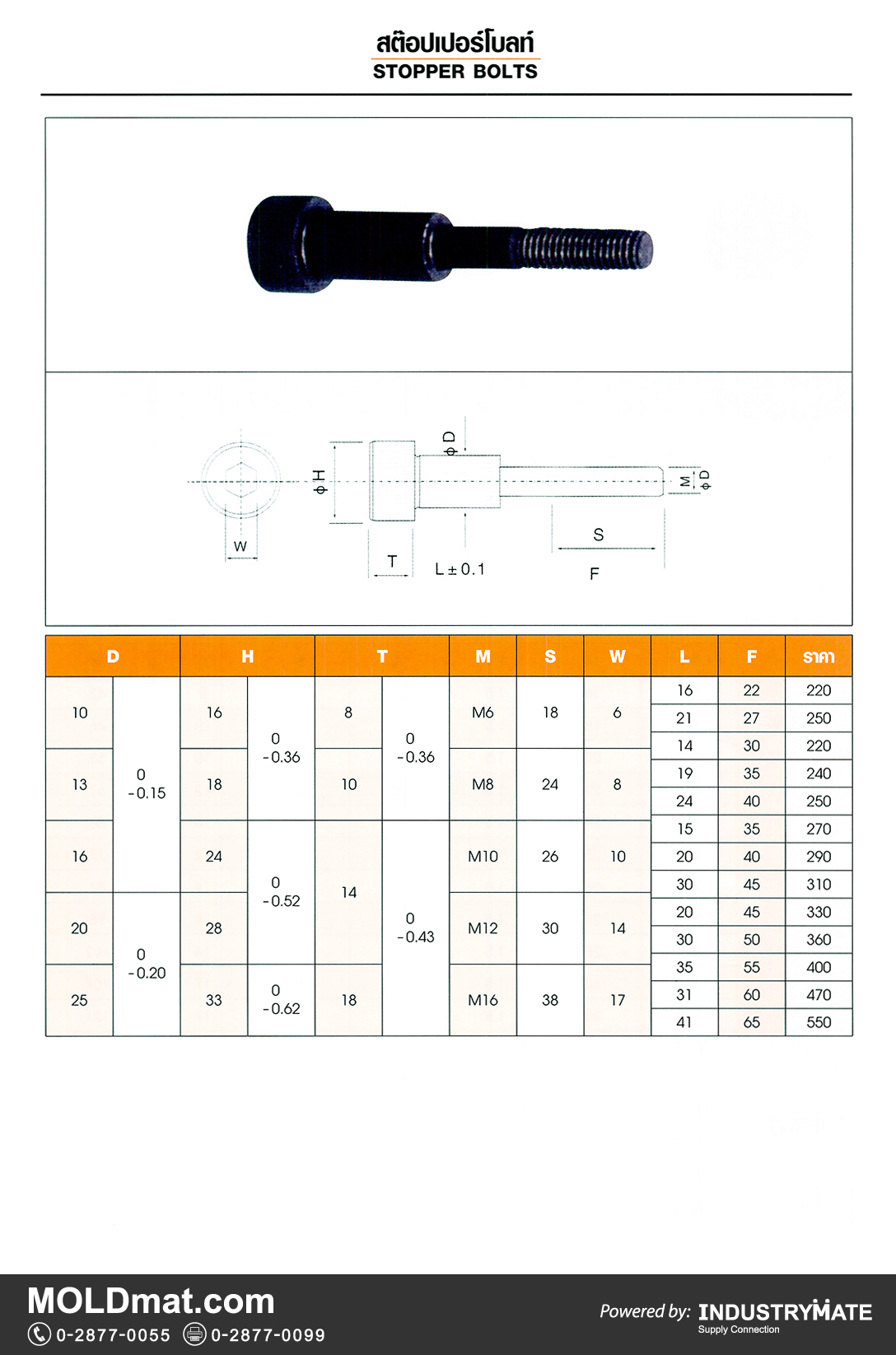 แคตตาล็อกสินค้า (Product Catalog) จำหน่ายราคาพิเศษ มีส่วนลด สนใจติดต่อสั่งซื้อ บริษัท อินดัสทรีเมท จำกัด โทร 0-2877-0055 จัดส่งทั่วประเทศ ส่วนประกอบ อะไหล่ แม่พิมพ์พลาสติก (Plastic Mold, Plastic Mould Parts Components)  Stopper Bolts