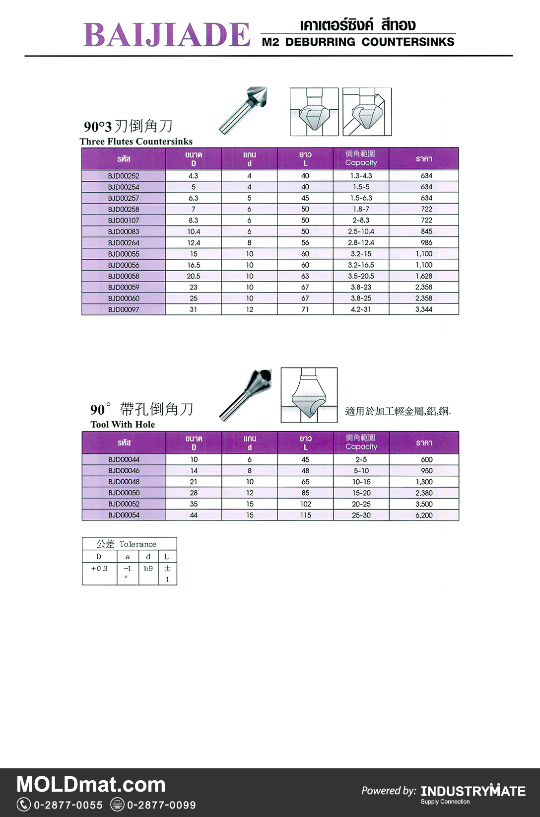 แคตตาล็อกสินค้า (Product Catalog) จำหน่ายราคาพิเศษ มีส่วนลด สนใจติดต่อสั่งซื้อ บริษัท อินดัสทรีเมท จำกัด โทร 0-2877-0055 จัดส่งทั่วประเทศ ส่วนประกอบ อะไหล่ แม่พิมพ์พลาสติก (Plastic Mold, Plastic Mould Parts Components) เคาเตอร์ซิงค์ สีทอง Baijiade (M2 Deburring Countersinks)