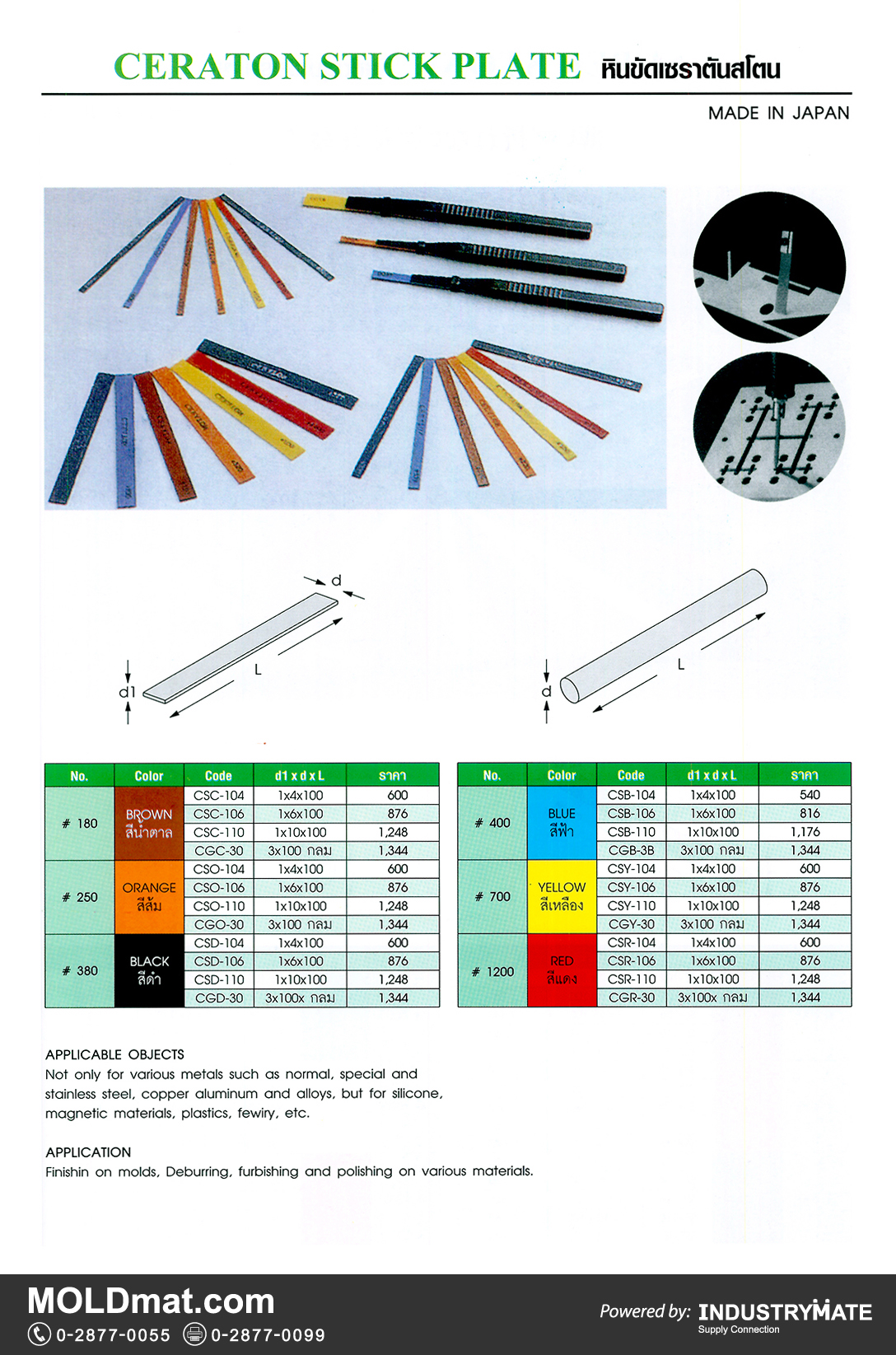 แคตตาล็อกสินค้า (Product Catalog) จำหน่ายราคาพิเศษ มีส่วนลด สนใจติดต่อสั่งซื้อ บริษัท อินดัสทรีเมท จำกัด โทร 0-2877-0055 จัดส่งทั่วประเทศ ส่วนประกอบ อะไหล่ แม่พิมพ์พลาสติก (Plastic Mold, Plastic Mould Parts Components) หินขัดเซราตันสโตน (Ceraton Stick Plate)