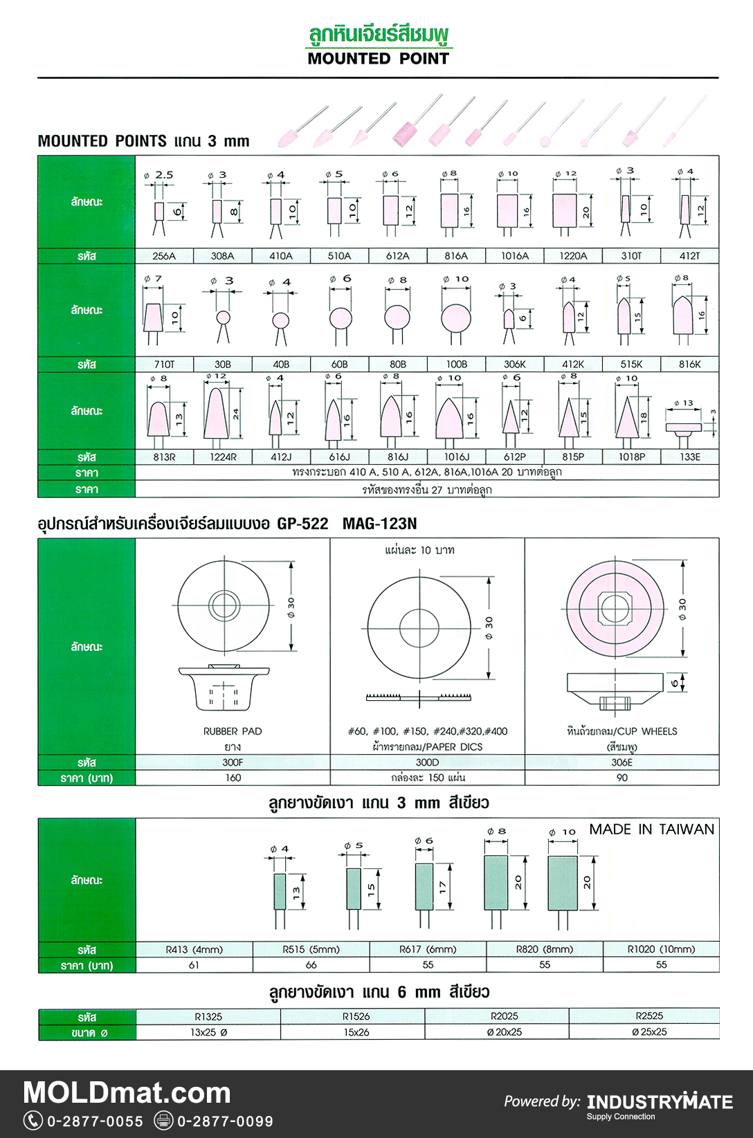 แคตตาล็อกสินค้า (Product Catalog) จำหน่ายราคาพิเศษ มีส่วนลด สนใจติดต่อสั่งซื้อ บริษัท อินดัสทรีเมท จำกัด โทร 0-2877-0055 จัดส่งทั่วประเทศ ส่วนประกอบ อะไหล่ แม่พิมพ์พลาสติก (Plastic Mold, Plastic Mould Parts Components) ลูกหินเจียร์สีชมพู (Mounted Point), ลูกยางขัดเงา แกน 3 mm, แกน 6 mm