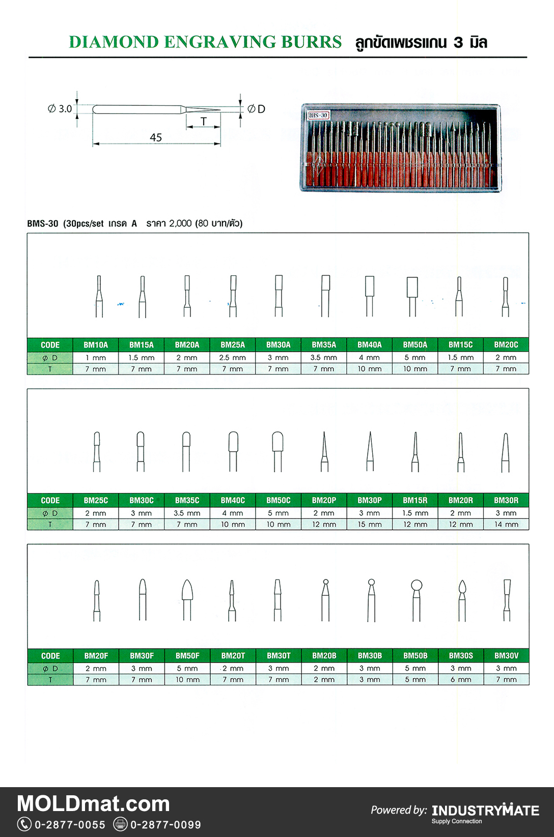 แคตตาล็อกสินค้า (Product Catalog) จำหน่ายราคาพิเศษ มีส่วนลด สนใจติดต่อสั่งซื้อ บริษัท อินดัสทรีเมท จำกัด โทร 0-2877-0055 จัดส่งทั่วประเทศ ส่วนประกอบ อะไหล่ แม่พิมพ์พลาสติก (Plastic Mold, Plastic Mould Parts Components) ลูกขัดเพชรแกน 3 mm (Diamond Engraving Burs)