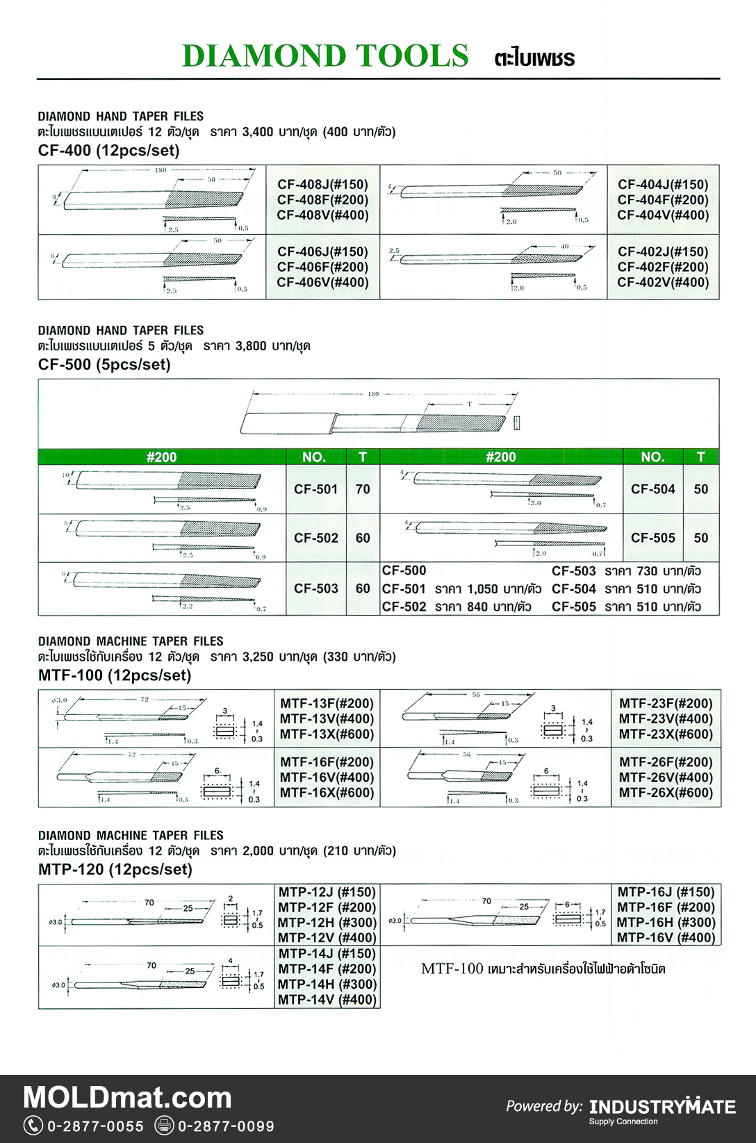 แคตตาล็อกสินค้า (Product Catalog) จำหน่ายราคาพิเศษ มีส่วนลด สนใจติดต่อสั่งซื้อ บริษัท อินดัสทรีเมท จำกัด โทร 0-2877-0055 จัดส่งทั่วประเทศ ส่วนประกอบ อะไหล่ แม่พิมพ์พลาสติก (Plastic Mold, Plastic Mould Parts Components) ตะไบเพชรแบนเตเปอร์ (Diamond Hand Taper Files), ตะไบเพชรใช้กับเครื่อง (Diamond Machine Taper Files)