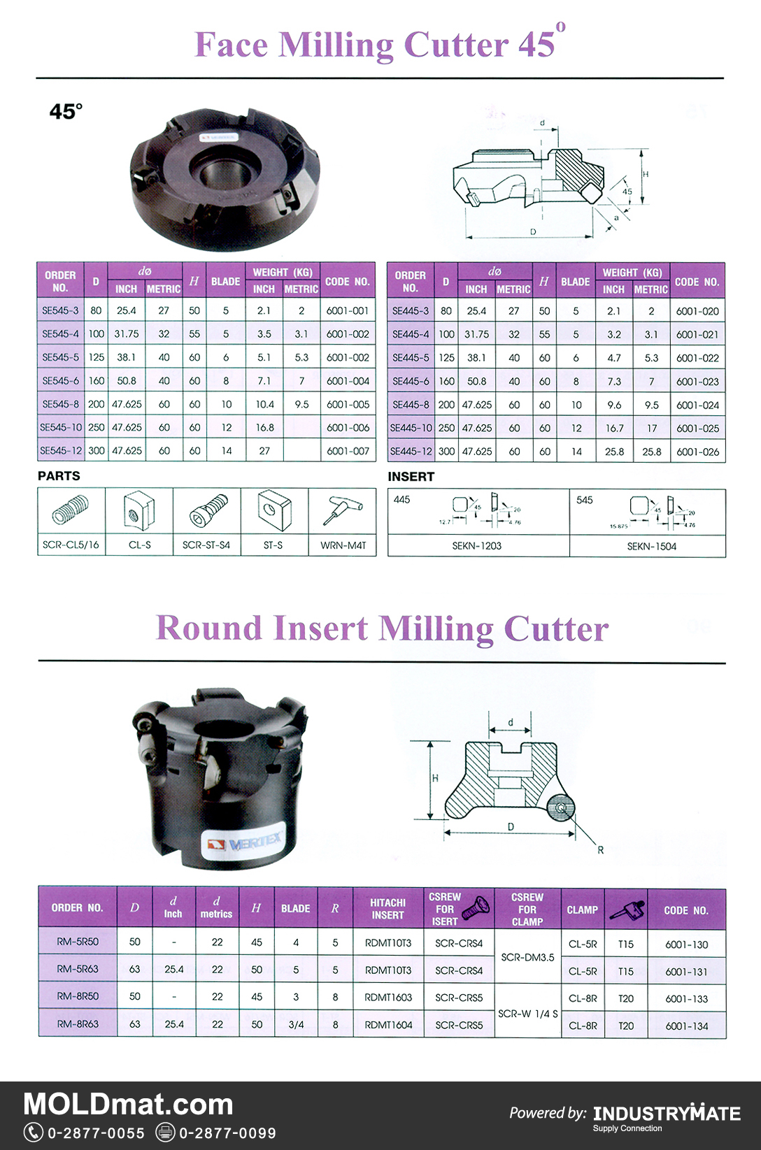 แคตตาล็อกสินค้า (Product Catalog) จำหน่ายราคาพิเศษ มีส่วนลด สนใจติดต่อสั่งซื้อ บริษัท อินดัสทรีเมท จำกัด โทร 0-2877-0055 จัดส่งทั่วประเทศ ส่วนประกอบ อะไหล่ แม่พิมพ์พลาสติก (Plastic Mold, Plastic Mould Parts Components) Face Milling Cutter 45 / Round Insert Milling Cutter