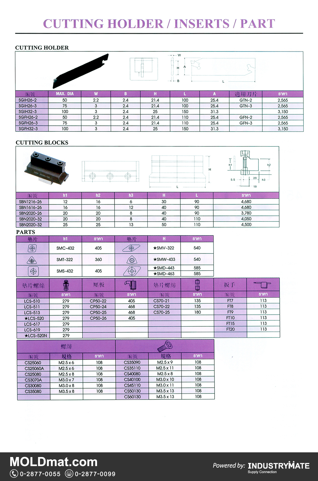 แคตตาล็อกสินค้า (Product Catalog) จำหน่ายราคาพิเศษ มีส่วนลด สนใจติดต่อสั่งซื้อ บริษัท อินดัสทรีเมท จำกัด โทร 0-2877-0055 จัดส่งทั่วประเทศ ส่วนประกอบ อะไหล่ แม่พิมพ์พลาสติก (Plastic Mold, Plastic Mould Parts Components) Cutting Holder, Inserts, Part