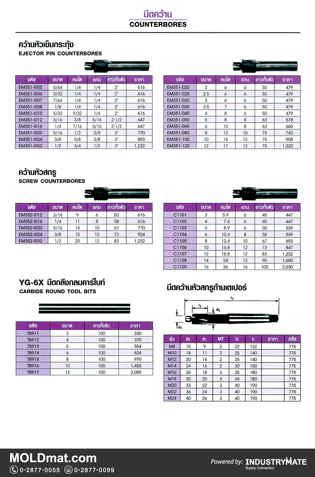แคตตาล็อกสินค้า (Product Catalog) จำหน่ายราคาพิเศษ มีส่วนลด สนใจติดต่อสั่งซื้อ บริษัท อินดัสทรีเมท จำกัด โทร 0-2877-0055 จัดส่งทั่วประเทศ ส่วนประกอบ อะไหล่ แม่พิมพ์พลาสติก (Plastic Mold, Plastic Mould Parts Components) มีดคว้าน (Counterbores)
