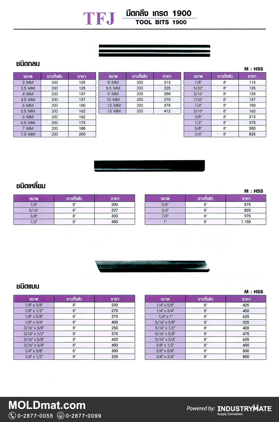 แคตตาล็อกสินค้า (Product Catalog) จำหน่ายราคาพิเศษ มีส่วนลด สนใจติดต่อสั่งซื้อ บริษัท อินดัสทรีเมท จำกัด โทร 0-2877-0055 จัดส่งทั่วประเทศ ส่วนประกอบ อะไหล่ แม่พิมพ์พลาสติก (Plastic Mold, Plastic Mould Parts Components) มีดกลึง เกรด 1900 ยี่ห้อ TFJ (Tool Bits 1900)
