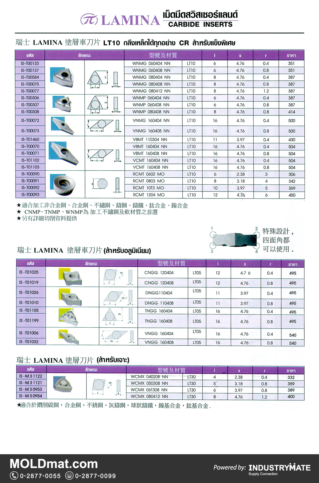 แคตตาล็อกสินค้า (Product Catalog) จำหน่ายราคาพิเศษ มีส่วนลด สนใจติดต่อสั่งซื้อ บริษัท อินดัสทรีเมท จำกัด โทร 0-2877-0055 จัดส่งทั่วประเทศ ส่วนประกอบ อะไหล่ แม่พิมพ์พลาสติก (Plastic Mold, Plastic Mould Parts Components) LAMINA Carbide Inserts เม็ดมีดสวิสเซอร์แลนด์