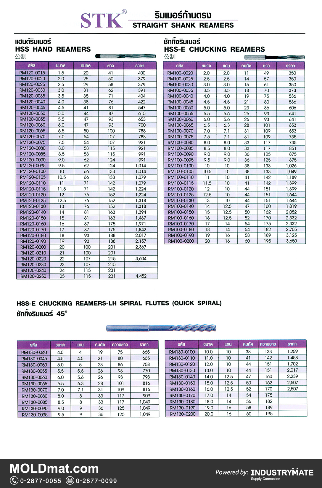 แคตตาล็อกสินค้า (Product Catalog) จำหน่ายราคาพิเศษ มีส่วนลด สนใจติดต่อสั่งซื้อ บริษัท อินดัสทรีเมท จำกัด โทร 0-2877-0055 จัดส่งทั่วประเทศ ส่วนประกอบ อะไหล่ แม่พิมพ์พลาสติก (Plastic Mold, Plastic Mould Parts Components) STK Straight Shank Reamers (ริมเมอร์ก้านตรง), HSS Hand Reamers (แฮนด์ริมเมอร์), HSS-E Chucking Reamers (ชักกิ้งริมเมอร์), HSS-E Chucking Reamers-LH Spiral Flutes (Quick Spiral) ชักกิ้งริมเมอร์ 45