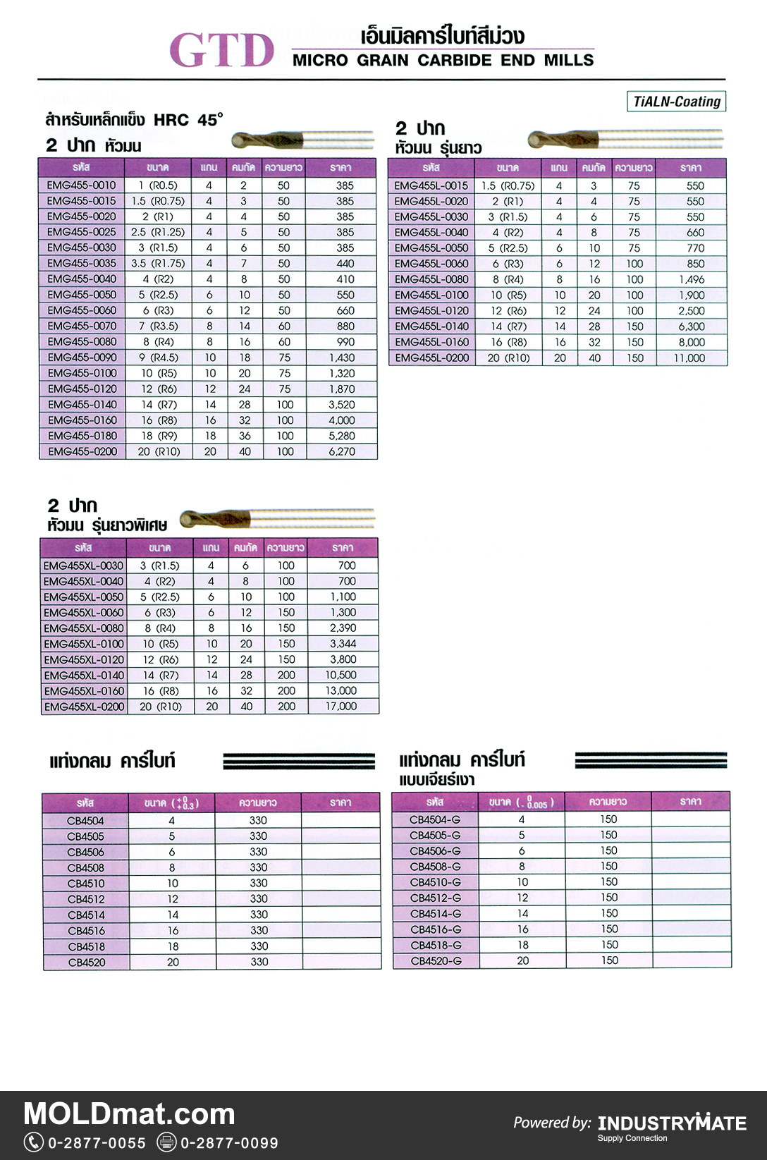 แคตตาล็อกสินค้า (Product Catalog) จำหน่ายราคาพิเศษ มีส่วนลด สนใจติดต่อสั่งซื้อ บริษัท อินดัสทรีเมท จำกัด โทร 0-2877-0055 จัดส่งทั่วประเทศ ส่วนประกอบ อะไหล่ แม่พิมพ์พลาสติก (Plastic Mold, Plastic Mould Parts Components) GTD Micro Grain Carbide End Mills (เอ็นมิลคาร์ไบท์สีม่วง)