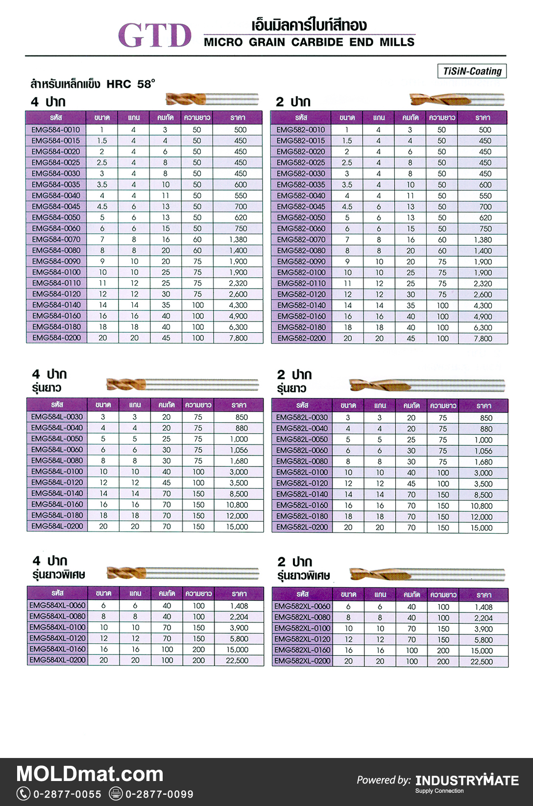 แคตตาล็อกสินค้า (Product Catalog) จำหน่ายราคาพิเศษ มีส่วนลด สนใจติดต่อสั่งซื้อ บริษัท อินดัสทรีเมท จำกัด โทร 0-2877-0055 จัดส่งทั่วประเทศ ส่วนประกอบ อะไหล่ แม่พิมพ์พลาสติก (Plastic Mold, Plastic Mould Parts Components) GTD Micro Grain Carbide End Mills (เอ็นมิลคาร์ไบท์สีทอง)