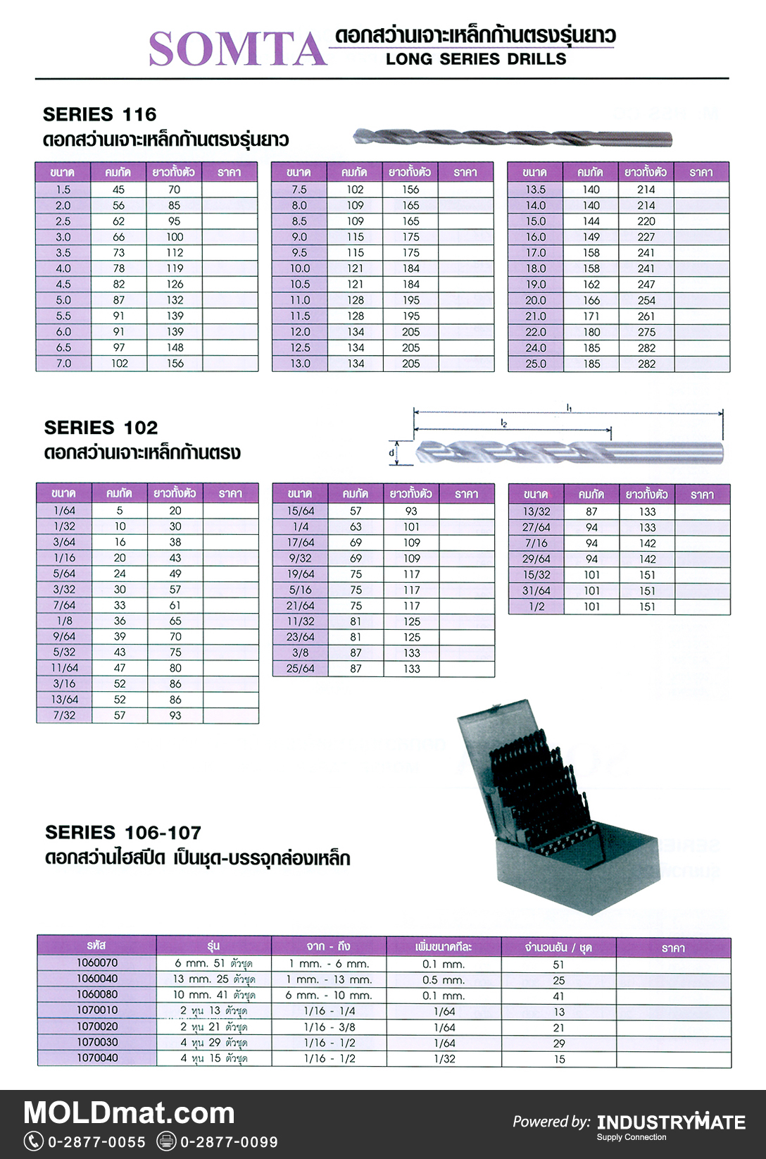 แคตตาล็อกสินค้า (Product Catalog) จำหน่ายราคาพิเศษ มีส่วนลด สนใจติดต่อสั่งซื้อ บริษัท อินดัสทรีเมท จำกัด โทร 0-2877-0055 จัดส่งทั่วประเทศ ส่วนประกอบ อะไหล่ แม่พิมพ์พลาสติก (Plastic Mold, Plastic Mould Parts Components) SOMTA Long Series Drills ดอกสว่านเจาะเหล็กก้านตรงรุ่นยาว