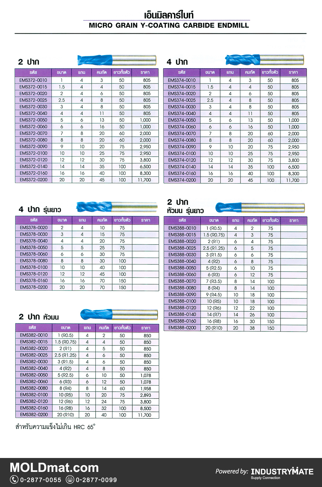 แคตตาล็อกสินค้า (Product Catalog) จำหน่ายราคาพิเศษ มีส่วนลด สนใจติดต่อสั่งซื้อ บริษัท อินดัสทรีเมท จำกัด โทร 0-2877-0055 จัดส่งทั่วประเทศ ส่วนประกอบ อะไหล่ แม่พิมพ์พลาสติก (Plastic Mold, Plastic Mould Parts Components) MICRO GRAIN Y-COATING CARBIDE ENDMILL เอ็นมิลคาร์ไบท์
