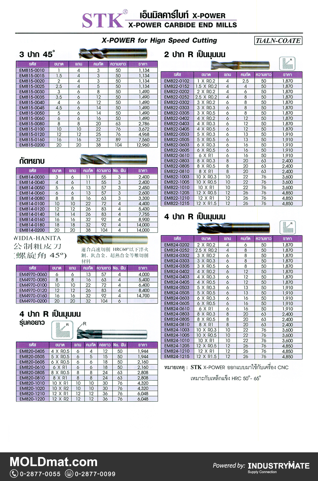 แคตตาล็อกสินค้า (Product Catalog) จำหน่ายราคาพิเศษ มีส่วนลด สนใจติดต่อสั่งซื้อ บริษัท อินดัสทรีเมท จำกัด โทร 0-2877-0055 จัดส่งทั่วประเทศ ส่วนประกอบ อะไหล่ แม่พิมพ์พลาสติก (Plastic Mold, Plastic Mould Parts Components) STK X-POWER CARBIDE END MILLS for High Speed Cutting