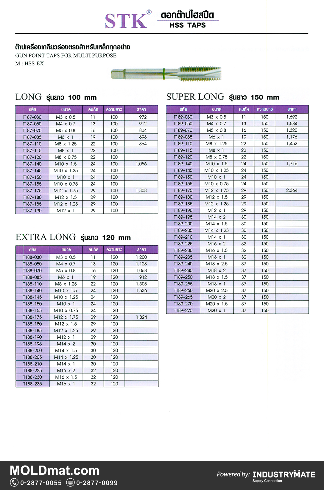แคตตาล็อกสินค้า (Product Catalog) จำหน่ายราคาพิเศษ มีส่วนลด สนใจติดต่อสั่งซื้อ บริษัท อินดัสทรีเมท จำกัด โทร 0-2877-0055 จัดส่งทั่วประเทศ ส่วนประกอบ อะไหล่ แม่พิมพ์พลาสติก (Plastic Mold, Plastic Mould Parts Components) STK ดอกต๊าปไฮสปีด HSS TAPS ต๊าปเครื่องเกลียวร่องตรงสำหรับเหล็กทุกอย่าง