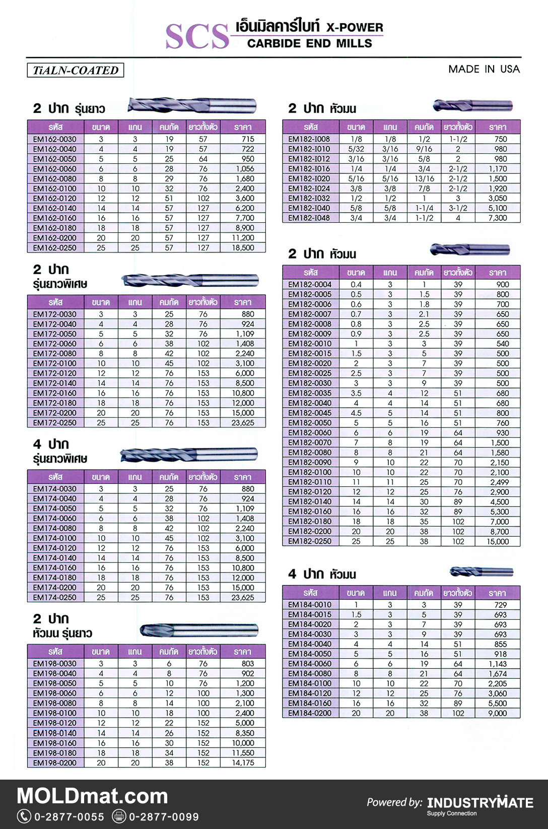 แคตตาล็อกสินค้า (Product Catalog) จำหน่ายราคาพิเศษ มีส่วนลด สนใจติดต่อสั่งซื้อ บริษัท อินดัสทรีเมท จำกัด โทร 0-2877-0055 จัดส่งทั่วประเทศ ส่วนประกอบ อะไหล่ แม่พิมพ์พลาสติก (Plastic Mold, Plastic Mould Parts Components) SCS เอ็นมิลคาร์ไบท์ X-POWER (Carbide End Mills)