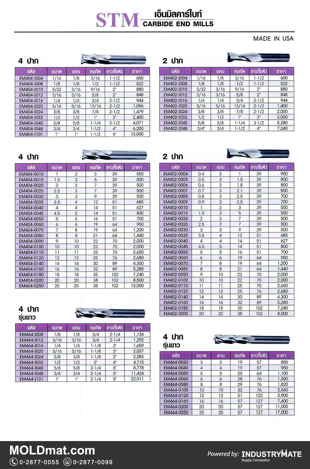 แคตตาล็อกสินค้า (Product Catalog) จำหน่ายราคาพิเศษ มีส่วนลด สนใจติดต่อสั่งซื้อ บริษัท อินดัสทรีเมท จำกัด โทร 0-2877-0055 จัดส่งทั่วประเทศ ส่วนประกอบ อะไหล่ แม่พิมพ์พลาสติก (Plastic Mold, Plastic Mould Parts Components) STM เอ็นมิลคาร์ไบท์ (STM Carbide End Mills)