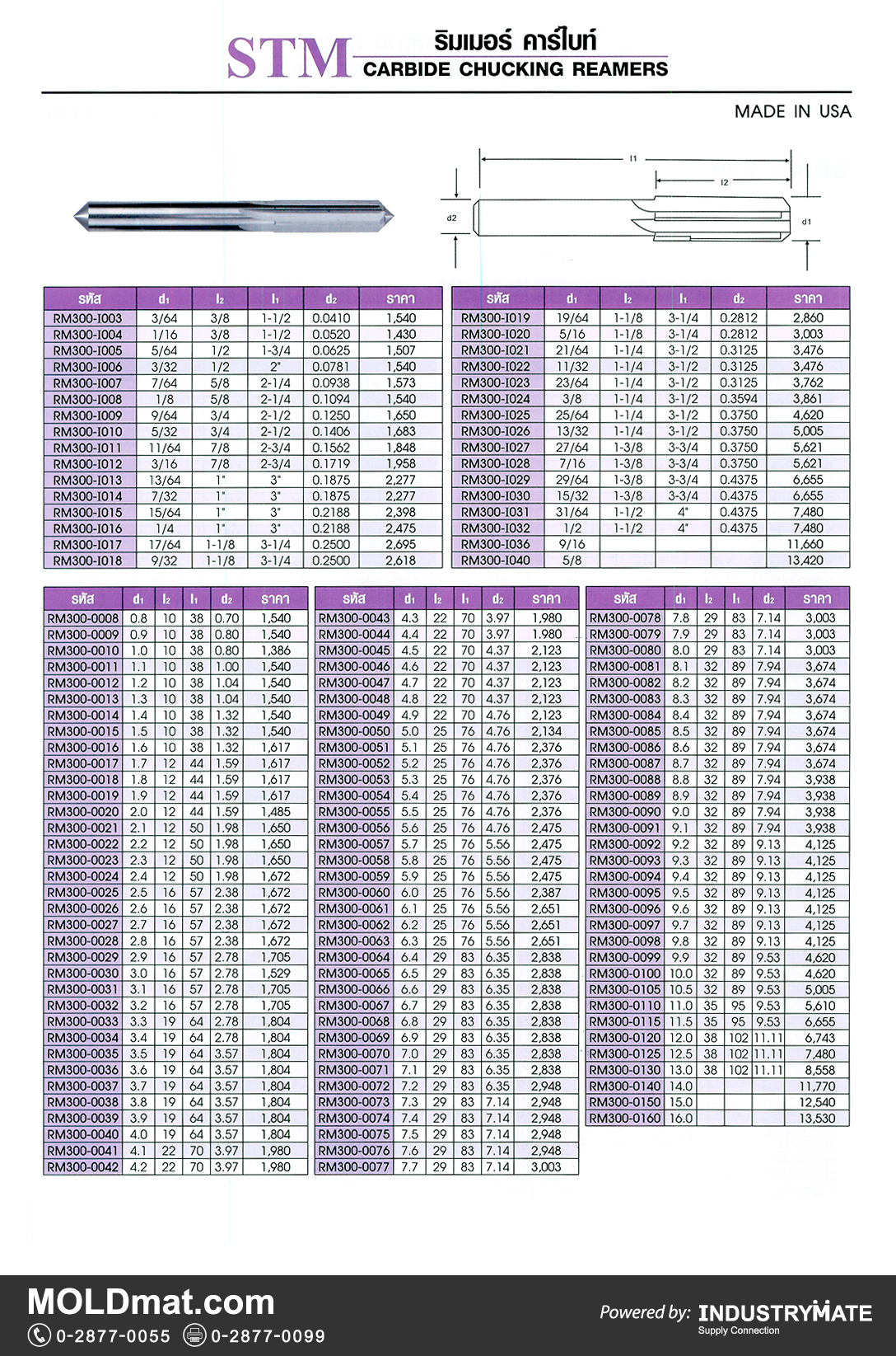 แคตตาล็อกสินค้า (Product Catalog) จำหน่ายราคาพิเศษ มีส่วนลด สนใจติดต่อสั่งซื้อ บริษัท อินดัสทรีเมท จำกัด โทร 0-2877-0055 จัดส่งทั่วประเทศ ส่วนประกอบ อะไหล่ แม่พิมพ์พลาสติก (Plastic Mold, Plastic Mould Parts Components) STM ริมเมอร์ คาร์ไบท์ (Carbide Chucking Reamers)