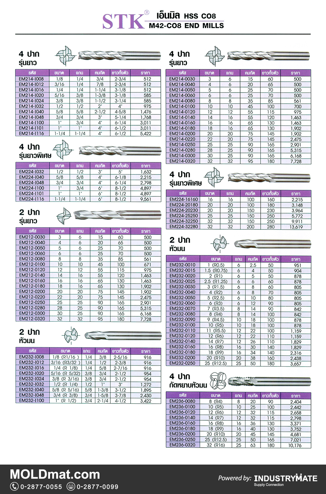แคตตาล็อกสินค้า (Product Catalog) จำหน่ายราคาพิเศษ มีส่วนลด สนใจติดต่อสั่งซื้อ บริษัท อินดัสทรีเมท จำกัด โทร 0-2877-0055 จัดส่งทั่วประเทศ ส่วนประกอบ อะไหล่ แม่พิมพ์พลาสติก (Plastic Mold, Plastic Mould Parts Components) STK เอ็นมิล HSS CO8 (M42-CO8 END MILLS)