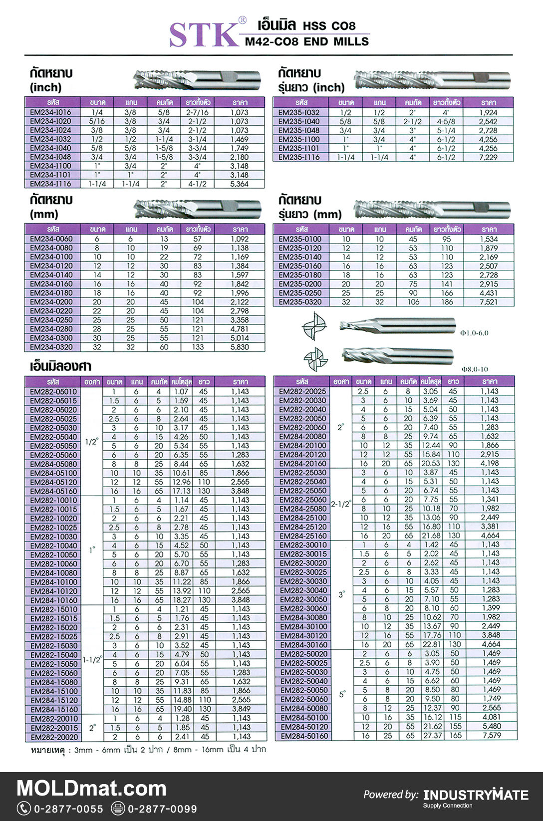 แคตตาล็อกสินค้า (Product Catalog) จำหน่ายราคาพิเศษ มีส่วนลด สนใจติดต่อสั่งซื้อ บริษัท อินดัสทรีเมท จำกัด โทร 0-2877-0055 จัดส่งทั่วประเทศ ส่วนประกอบ อะไหล่ แม่พิมพ์พลาสติก (Plastic Mold, Plastic Mould Parts Components) STK เอ็นมิล HSS CO8 (M42-CO8 END MILLS)